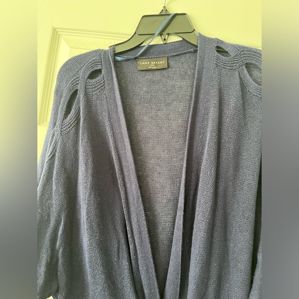 Navy Lane Bryant open front cardigan, three-quarter inch sleeves